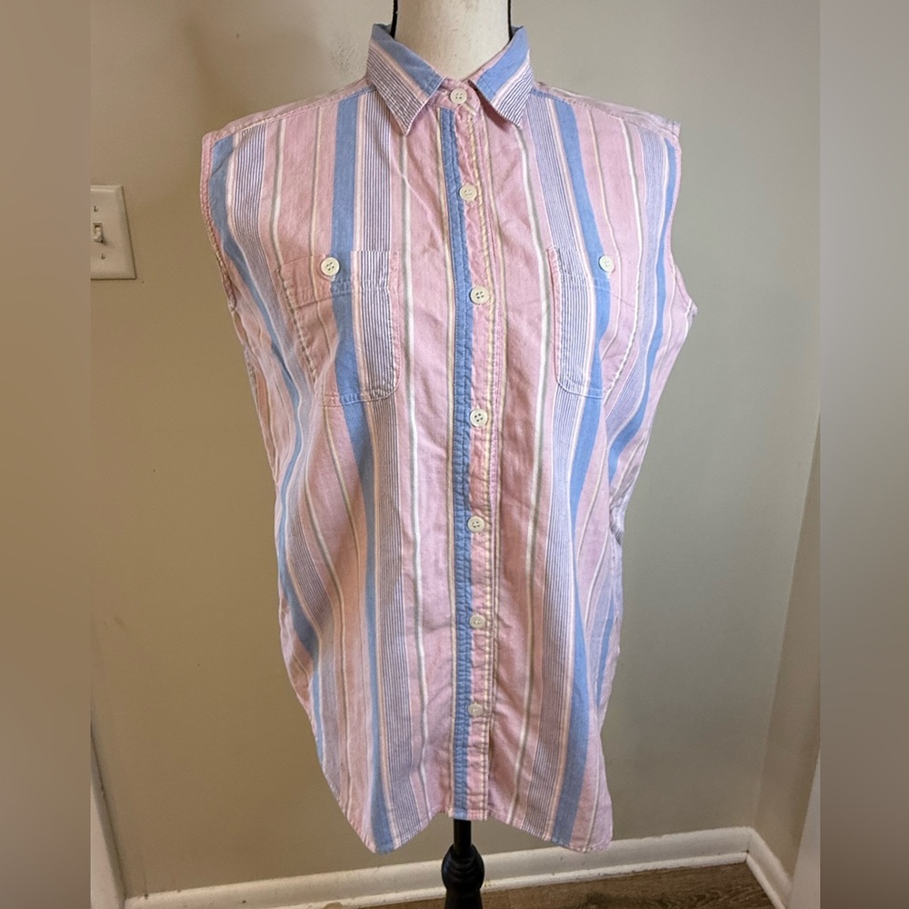 Clementine sleeveless blue pink yellow button up tank top SZ M